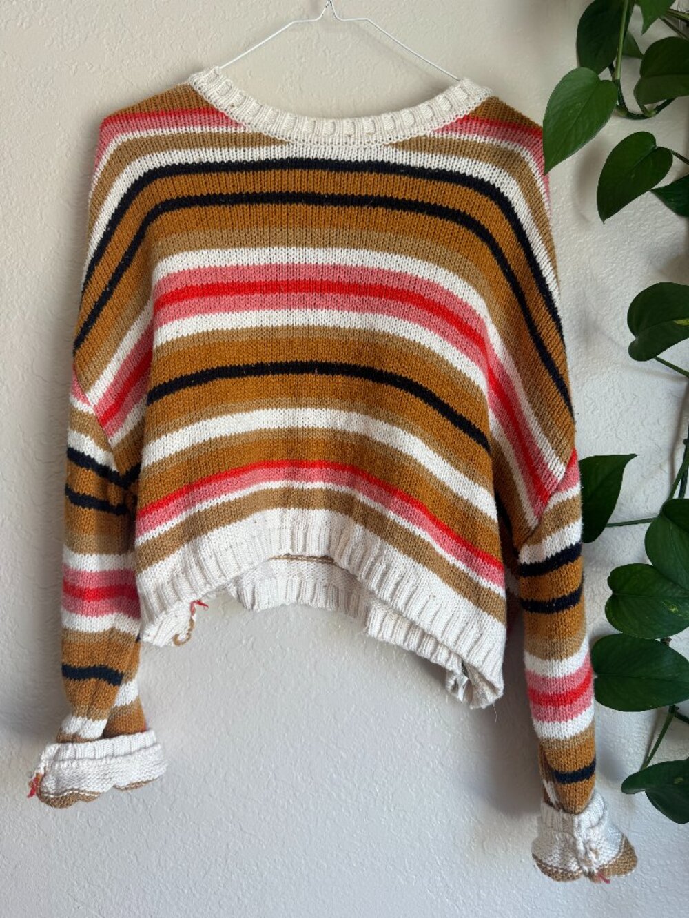 Billabong Striped Cropped Sweater Large Multicolor Coastal Surf Knit Pullover